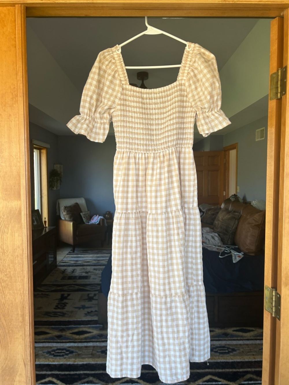 Beige Gingham Smocked Midi Dress with Puff Sleeves